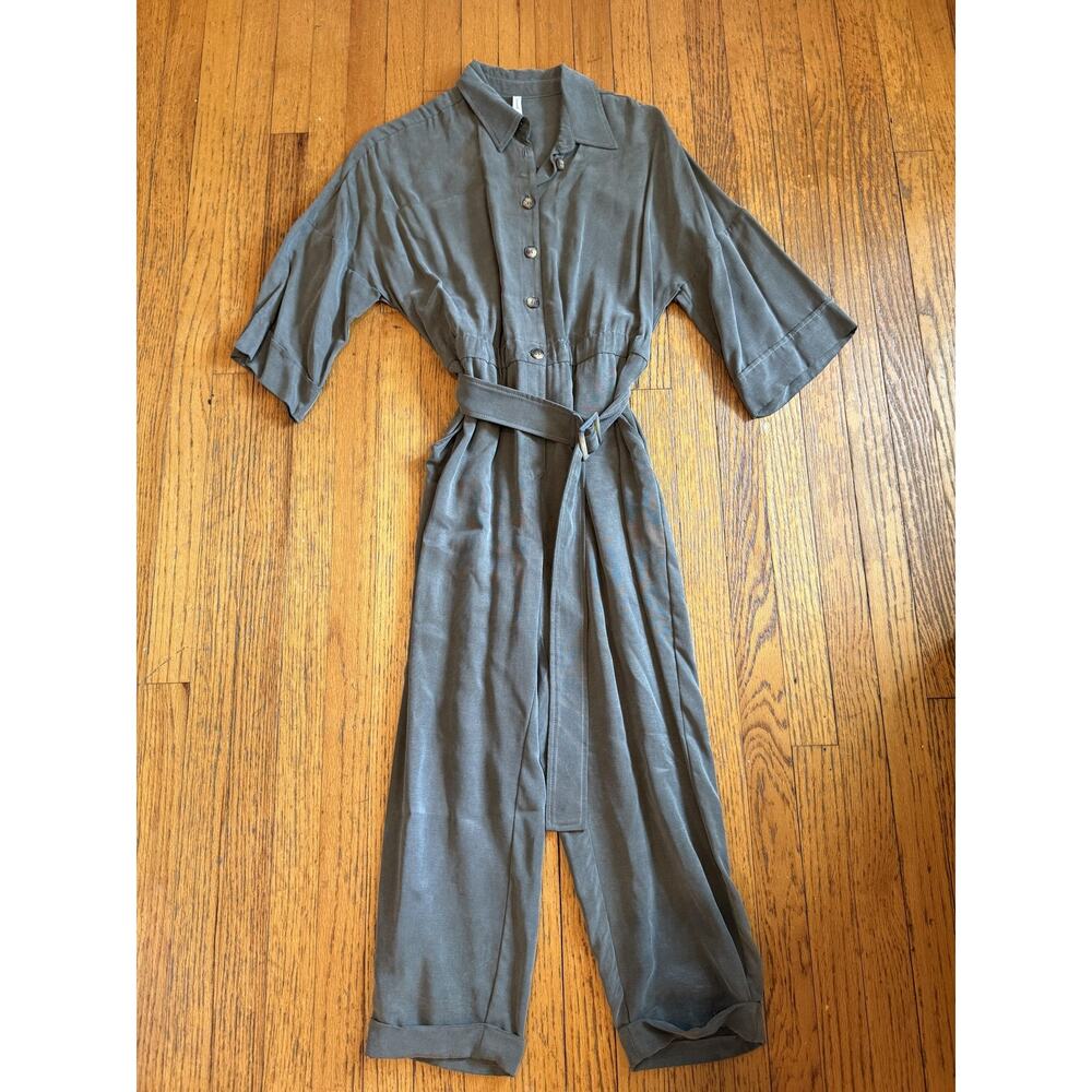 Iris Setlakwe Jumpsuit Womens Size 8 Olive Green Belted Button Front Collared